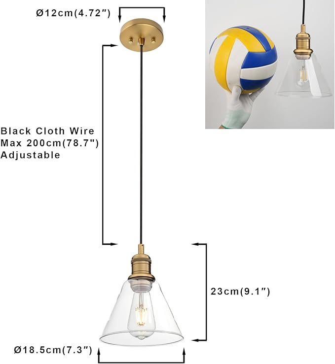 Yosoan 1-Light Vintage Edison Hanging Pendant Light, Mini Funnel Flared Glass Clear Glass Shade for Kitchen Bathroom Porch Living Room Dinning Room Office Restaurants Hotels Bar Island (Antique)