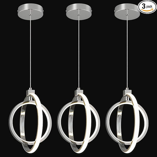 Modern LED Chandelier Chrome Ring Pendant Light Fixtures 4000K Dimmable Height Adjustable Pendant Lighting for Dining Room Kitchen Island Bedroom Living Room Foyer（Chrome Round 3-Pack）
