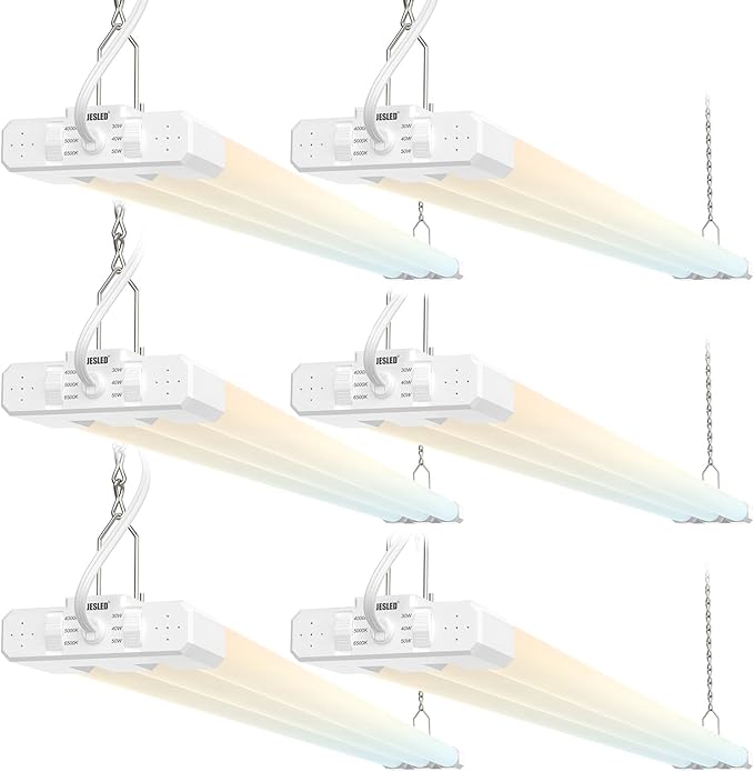 JESLED 4FT LED Shop Lights, 3CCT Selectable 4000K/5000K/6500K, Adjustable 30W/40W/50W, 7500LM(300W Eqv), Linkable Utility LED Light for Garage, Plug & Play, Ceiling or Hanging Mount, ETL, 6-Pack