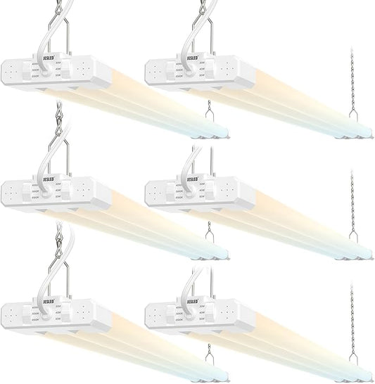 JESLED 4FT LED Shop Lights, 3CCT Selectable 4000K/5000K/6500K, Adjustable 30W/40W/50W, 7500LM(300W Eqv), Linkable Utility LED Light for Garage, Plug & Play, Ceiling or Hanging Mount, ETL, 6-Pack