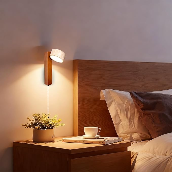 LED Wood Wall Sconce with Pull Chain Switch, Black Walnut Base with Rotatable Yellow Travertine Stone Lampshade, Built-in LED Light, Modern Rustic Bedside Wall Light for Bedroom, Living Room, Hallway