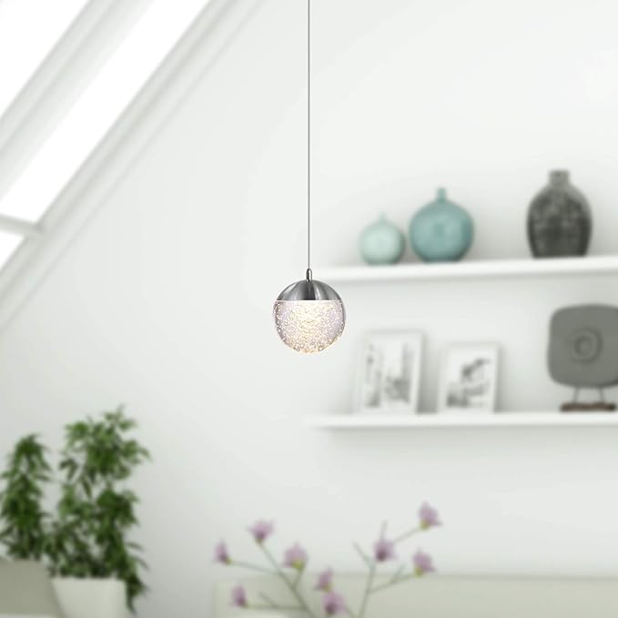 contec development Galaxy 1 Mini Pendant Crystall Ball Lighting Nickel - LED Hanging Light Fixture: Kitchen Island, Bar, Foyer - Cluster Pendants - Dimmable, Adjustable Wire, Lamp Bulb Included