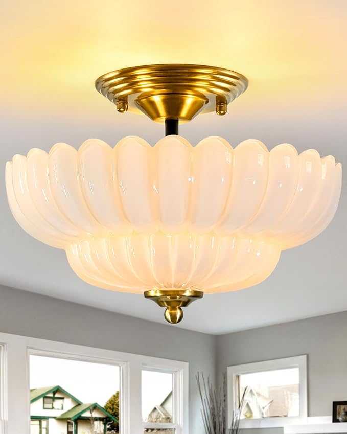 3-Light Vintage Semi Flush Mount Ceiling Light, Milk Glass Flower Shade with Brass Finish, Retro Gold Ceiling Light Fixture for Bedroom Hallway Kitchen Entryway