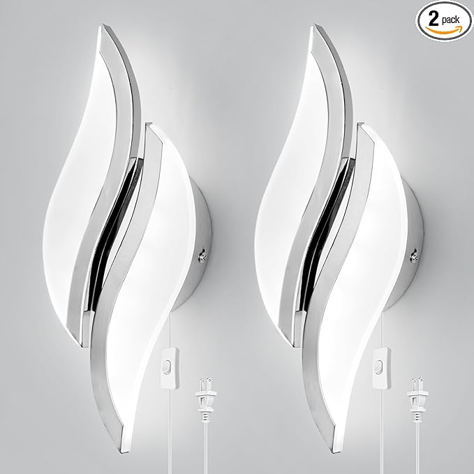 CANEOE Plug in Wall Sconces Set of Two 6000K Chrome Modern LED Wall Light Fixtures Acrylic Wall Sconce Lighting for Living Room Bedroom Bedside Bathroom Hallway Stairway Wall Lamp