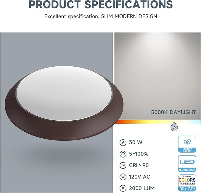 ECOELER 8 Inch Bronze LED Flush Mount Ceiling Light Fixture, Aluminum Baffle Trim, 30W Dimmable LED Disk Light, 5000K Daylight 2000Lm, Install with Jbox, ETL Listed