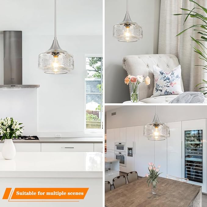 Brushed Nickel Pendant Light, Pendant Lights Kitchen Island with Large Globe Glass Lampshade, Pendant Light Fixtures with Adjustable Cable, Hanging Light for Dining Room Bathroom Bedroom, E26 Base