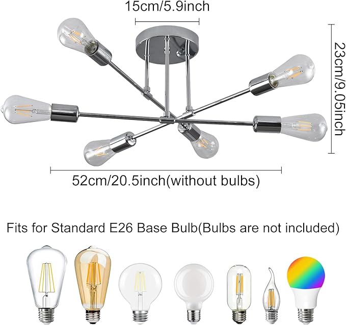 Modern Ceiling Light Fixture, Sputnik Chandelier 6 Lights, Mid Century Vintage Industrial Pendant Lighting for Living Room Bedroom Kitchen Dining Room (8028-6C)
