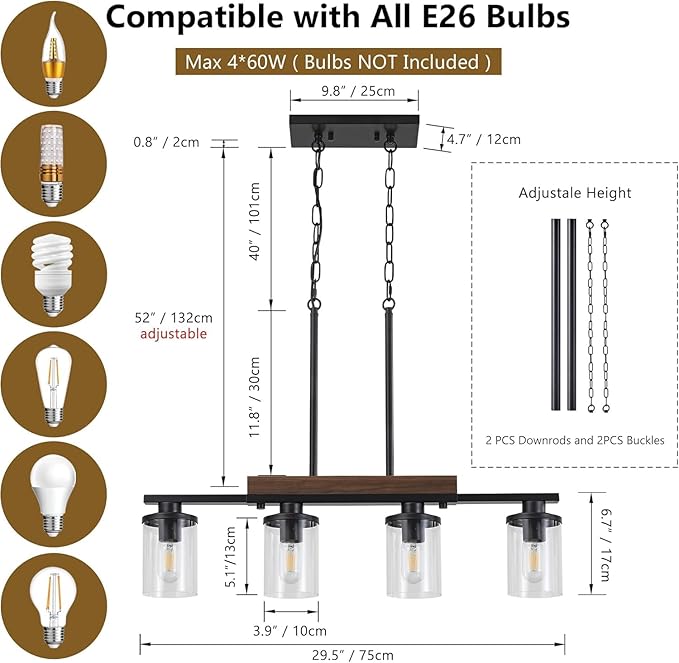 29.3'' Kitchen Island Light Fixtures, 4-Light Dining Room Light Fixture Chandelier Over Table, Black Modern Rustic Wood Ceiling Pendant Light Fixtures, with Clear Glass Shade, Farmhouse Chandelier