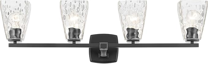 Kichler Marant 4-Light Bathroom Vanity Light Fixture with Clear Water Glass in Black, Modern Wall Mount Over Mirror Lighting for Powder Room (33.25" x 9.5" x 6.75"), 55217BKWTR