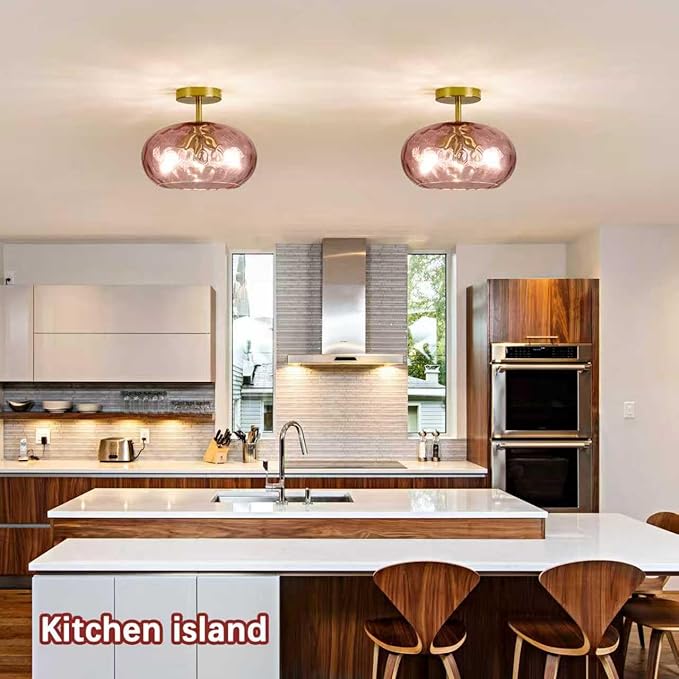 Red Glass Semi Flush Mount Ceiling Light - 12 Inch Hammered Glass Hallway Light fixtures, Vintage Gold Flush Mount Ceiling Light,Mid Century Light Fixture for Entryway Laundry Room Foyer Porch