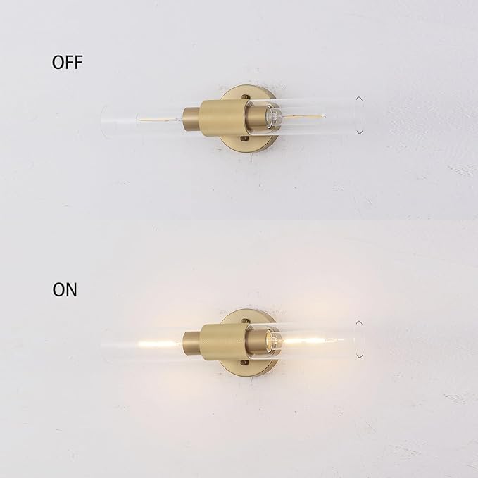 BYOLIIMA Gold Knurled Texture Wall Sconce Clear Glass Shade Modern Bathroom Vanity Light Fixtures 2-Lights Mid Century Wall Light for Mirror Living Room Hallway E26 T10 Bulbs(Excluded)