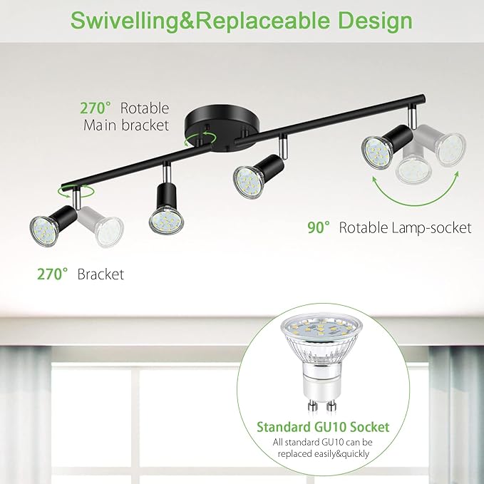 Unicozin LED 4 Light Track Lighting Kit, 24.8'' Black 4 Way Ceiling Spot Lighting, Flexibly Rotatable Head, Track Light Included 4 x LED GU10 Bulb (4W, Daylight White 5000K, 400LM)
