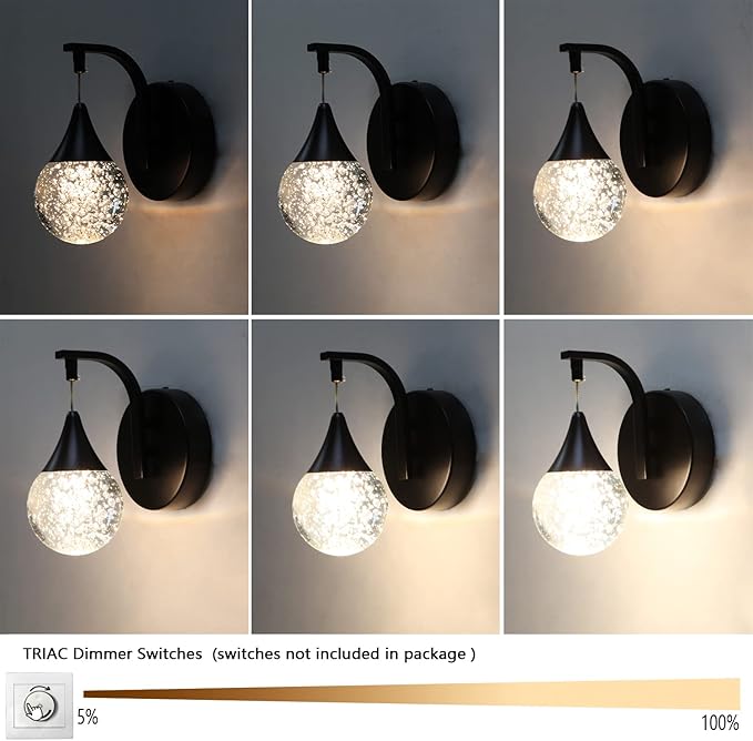 Sedelan Modern Crystal Bubble Wall Sconce, 5W Dimmable LED Wall Light Fixture, 3300K Warm White Indoor Wall Lighting, Matte Black for Bedroom Bedside Living Room Bathroom Hallway