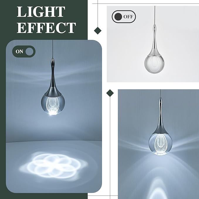LED Pendant Light Kitchen Island Raindrop Crystal Pendant Lights Dimmable Chrome Modern Hanging Light for Bedroom Bathroom Living Room 6000K Cool White, 1 Pack
