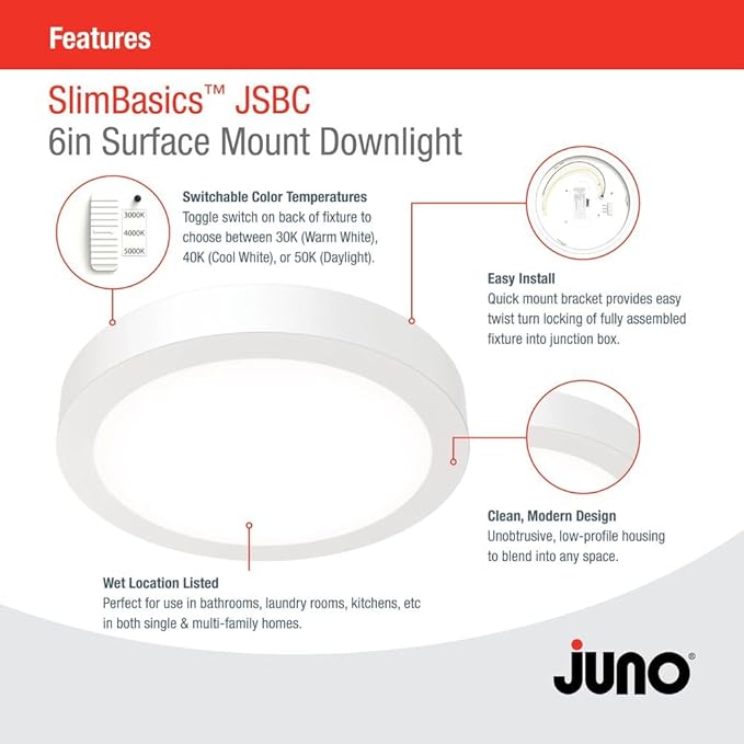 Juno Slim Basics 6 Inch LED Ceiling Light, Low Profile Surface Mount Downlight for Shower or Closet Lighting, 3000K/4000K/5000K Selectable White Light, Edged Trim, Wet Rated, Matte White, 6 Pack