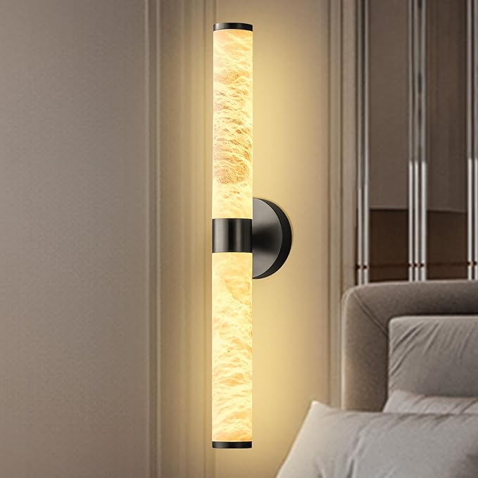 Alabaster Wall Sconces, 24" Black Wall Sconce, Cylinder Natural Spanish Marble Sconces Wall Lighting, Modern Dimmable Wall Lights for Living Room Bedroom Bathroom Hallway Stairs