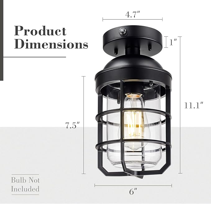 Emliviar Classic 11.1 Inch Dusk to Dawn Hallway Light Fixture in Black Finish, Semi Flush Ceiling Light Fixture with Clear Tempered Glass Shade for Hallway, GE255LF-PC BK