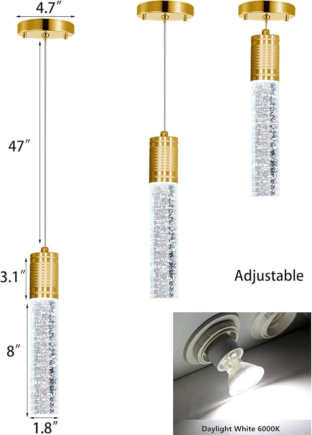 HAIXIANG Set of 3 Pendant Lights for Kitchen Island, White Light, Gold Crystal Linear Pendant Lighting, Bar Corner LED Light Fixtures Glam Drop Light