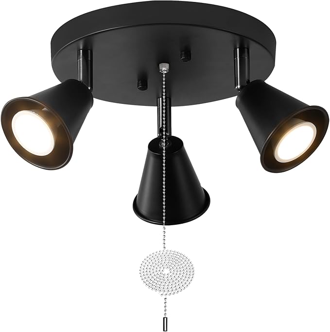 SEEBLEN 3-Light Industrial Directional Track Lighting with Pull Chain On/Off, Black Ceiling Spotlight, Morden Flush Mount Kitchen Light for Hallway,Dining Room,Porch,Office.Gu10 Bulbs Included