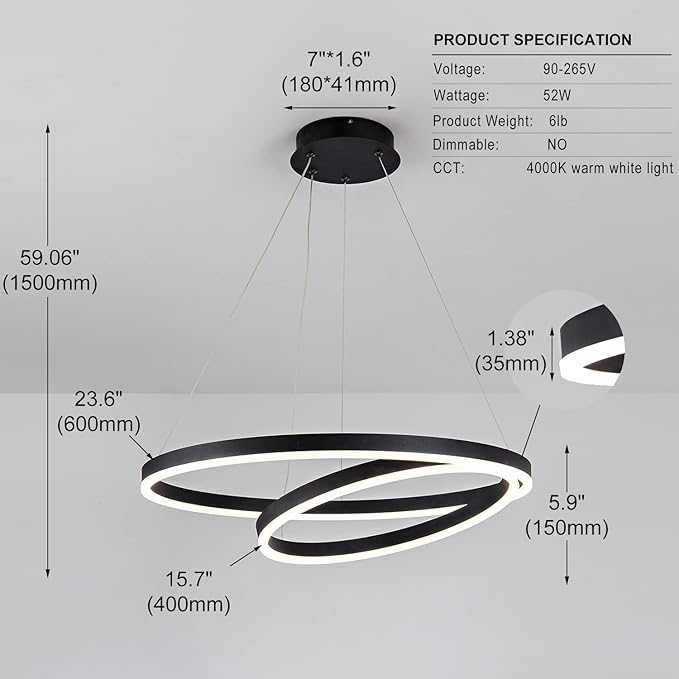 Modern LED Ring Pendant Hanging Round Ceiling Light Fixture,Adjustable LED Pendant Light with 2 Rings for Living Room,Dining Room, Bedroom Warm White Light 4000K,（Black）