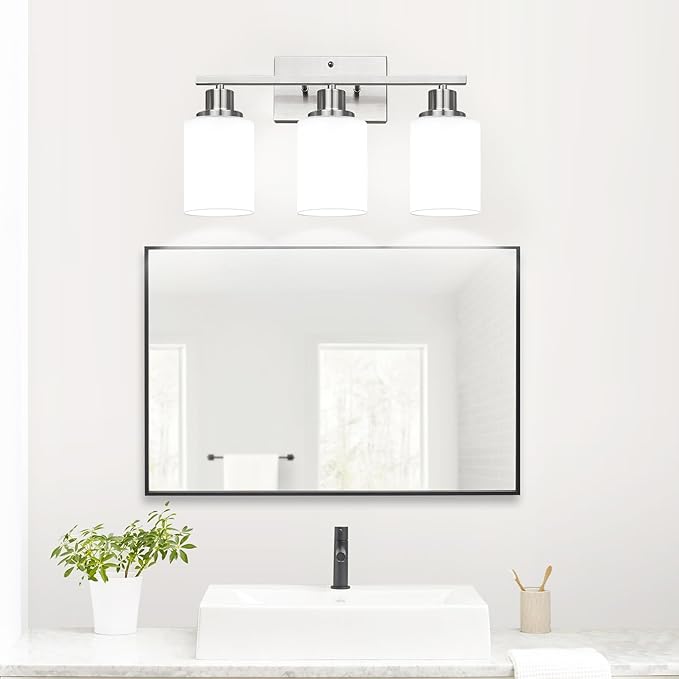 MOKATNG 3-Light Bathroom Light Fixtures, Brushed Nickel Vanity Light with Milky White Shades, Bathroom Lighting Fixtures Over Mirror, Modern Bathroom Wall Lamp for Mirror Living Room Cabinet Bedroom