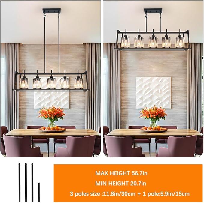DSMJFU Black Farmhouse Rectangular Chandelier for Dining Room, 5-Light Linear Pendant Lighting, Rectangular Kitchen Island Light with Crystal Shades, Adjustable Height Rectangle Hanging Lighting