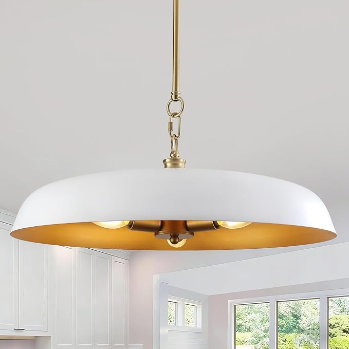 20 Inch Modern Large Pendant Lights, 3-Lights White and Gold Metal Dome Chandelier, Mid Century Pendant Lighting Fixture Ceiling Hanging Light for Kitchen Island, Dining Room Over Table, Bar