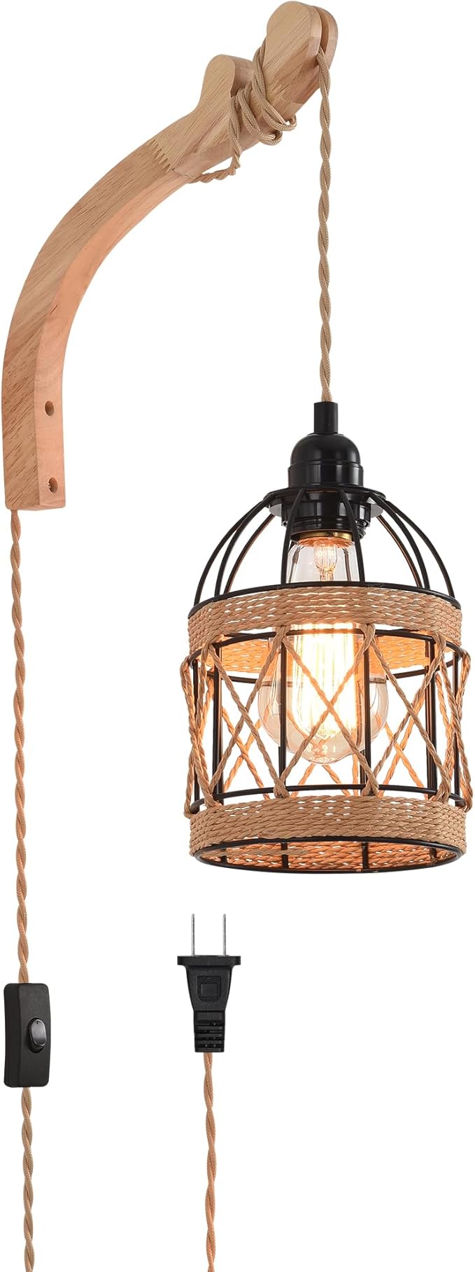 Plug in Wall Sconce,Farmhouse Wicker Wall Lamp Plug in,Hand Woven Rattan Wall Light Farmhouse Rustic Boho Sconces Wall Lighting for Living Room Bedroom