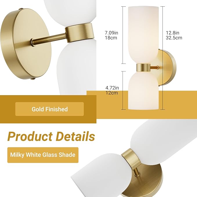 Tipace Gold Wall Sconces Set of Two,Modern Bathroom Sconce with Milky White Glass,Hardwired Wall Light Fixtures for Bathroom Living Room Bedroom Hallway,E12 Base(Bulbs Not Included)