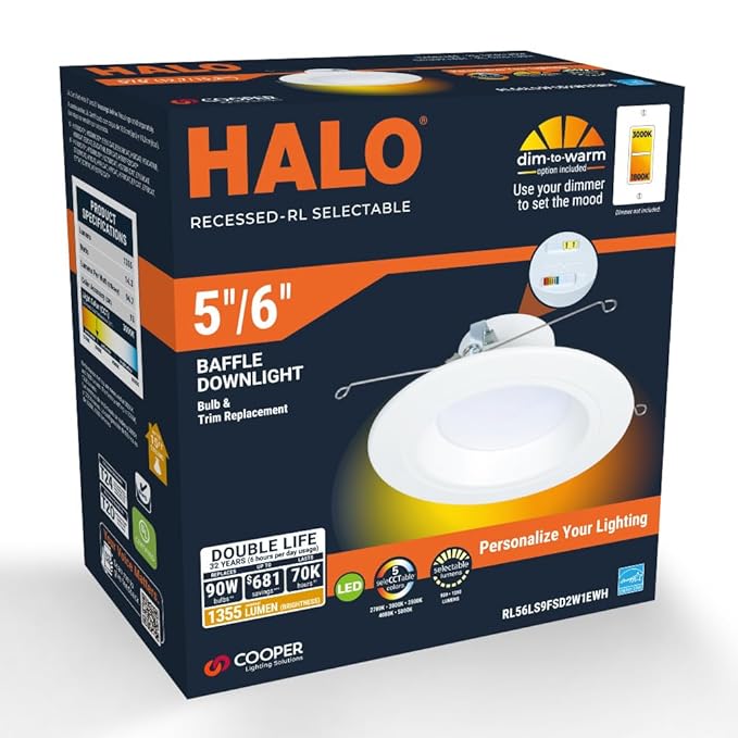 HALO RL 5/6 in LED Recessed Light Retrofit Selectable CCT 2700K, 3000K 3500K 4000K 5000K Dimmable Dim to Warm 900/1200 Lumens Wet Location Indoor Outdoor Ceiling Downlight RL56LS9FSD2W1EWH