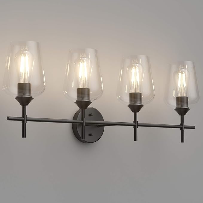Ralbay Vintage Bathroom Vanity Lighting Fixtures 4-Lights Industrial Matte Black Finish with Clear Glass Vanity Lights Farmhouse Bathroom Vanity Lights Wall Sconce