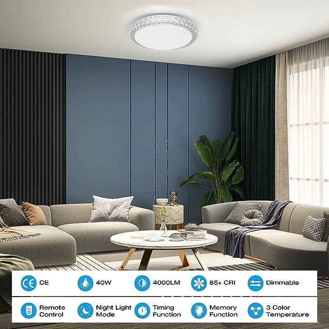 OOWOLF LED Ceiling Light, 40W 15.4 Inch Dimmable Ceiling Light Brightness Adjustable LED Fixture Lamp Modern Ceiling Lamp Close to Ceiling Lights for Bedroom Kitchen Living Room Lighting, 3000-6000K