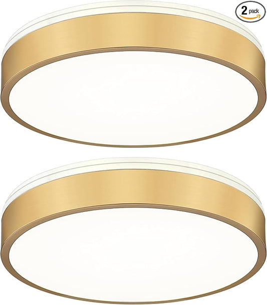 Ken & Ricky Led Brushed Gold Flush Mount Ceiling Light,Dimmable Close to Ceiling Light Fixtures for Kitchen Bathroom Bedroom Hallway 12 Inch 5cct 24w Round KR3354-2PK
