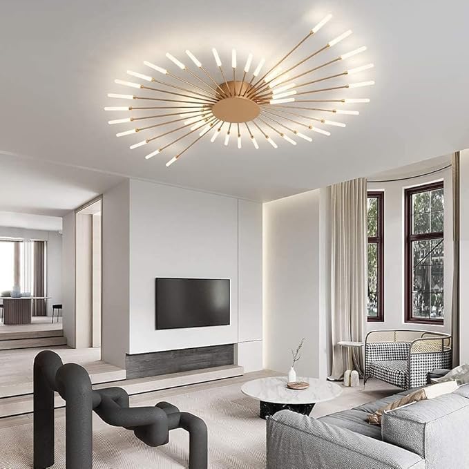 JAYMP 50.4" Ceiling Light Modern Flower Shape Ceiling Lamp for Living Room Dining Room Flush Mount Metal Acrylic Sputnik Firework Petal LED Lighting Fixture (Matte Gold, 42 Lights)