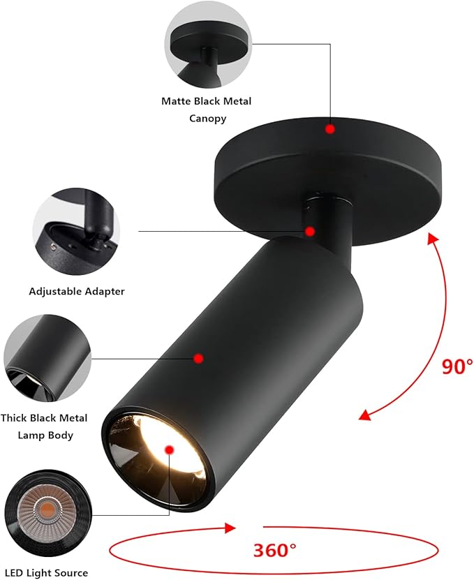 KCO Lighting LED Track Lighting Heads Matte Black Ceiling Mount Spotlight Adjustable Tilt Angle Track Lighting Fixture