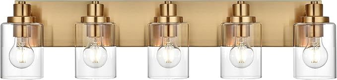 5 Light Bathroom Vanity Lights Brushed Brass Bathroom Lighting Fixtures Over Mirror with Clear Glass Shades, Modern Industrial Wall Sconces Vanity Lighting Fixture for Bedroom Living Room
