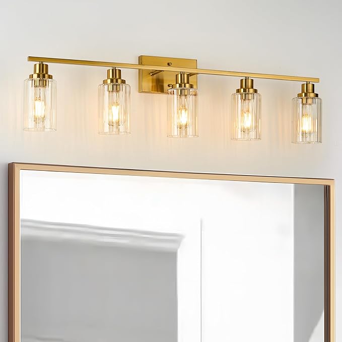 Jonsi Gold 5-Light Bathroom Vanity Light with Glass Shade, Modern Gold Bathroom Lights Over Mirror, W 40.2 x H 10.7 inches