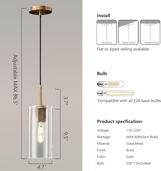 Brass Pendant Lights Kitchen Island 1 Pack Modern Glass Pendant Light Fixtures, 9.5'' Farmhouse Gold Pendant Light Fixtures, Indoor Chandelier for Bathroom, Bar Included Bulb