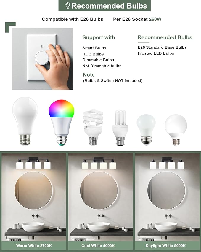 Sailstar Vanity Light Fixtures, Matte Black, Over Mirror, Modern Bathroom Light, Anti-Rust Nickel Finished, 4-Light, E26 Standard Sockets, Easy Installation, 24 Months Replacement