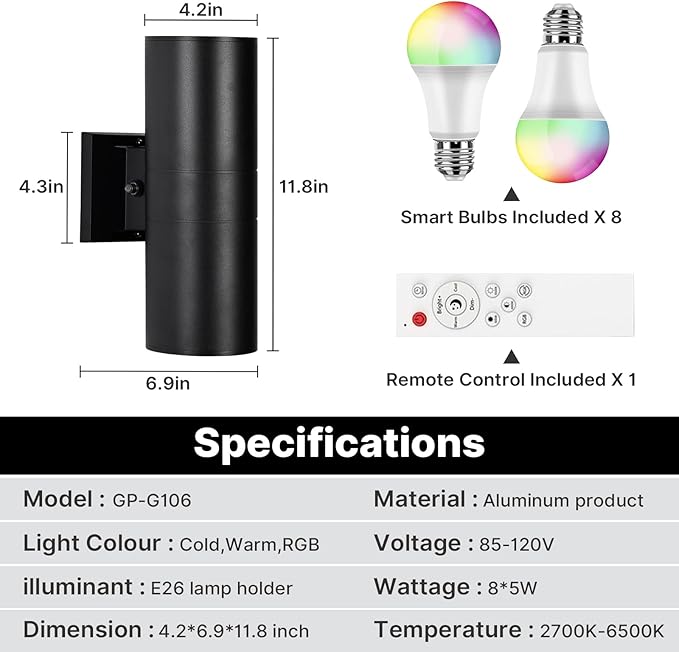 RGBCW Outdoor Wall Light 4 Pack, Smart Porch Light Dusk to Dawn Lighting with Remote Control, WiFi Outdoor Wall Sconce, Compatible with Alexa, Exterior Lights for House Porch Garage