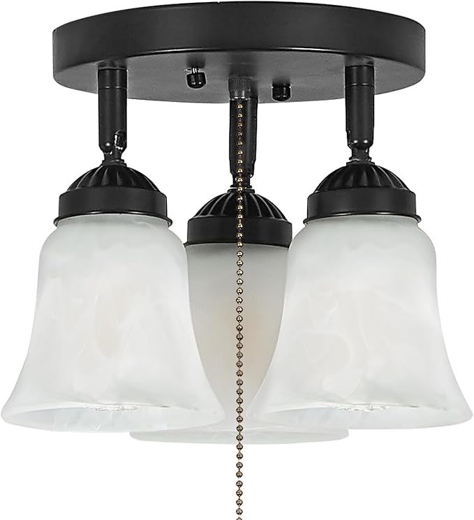 3-Light Flush Mount Ceiling Light with Pull Chain Alabaster Glass Low Profile Lighting Fixtures for Kitchen Living Room Dining Room Closet, Black