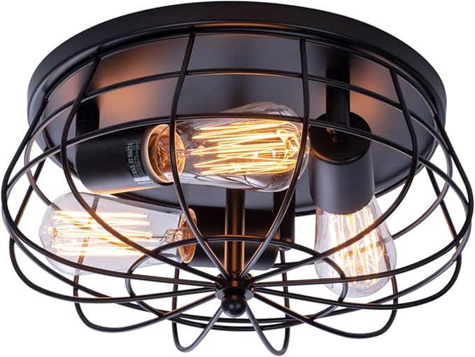 VILUXY Industrial Black Semi Flush Mount Ceiling Light 3-Light Rustic Ceiling Lamp Fixture with Metal Cage for Kitchen Living Room Dining Room Bedroom Hallway