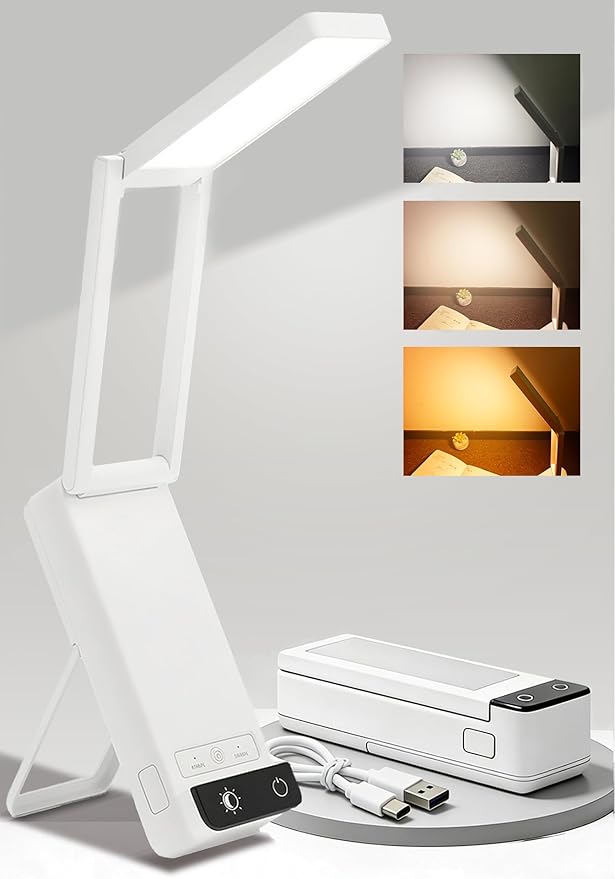 EZVALO Rechargeable Desk Lamp, 6000mAh Battery Wireless Light, Cordless Table Lamp for Book Reading, Foldable Mini Lamps & Portable, 3-Color Dimmable Small Light for Bed, Nail Lamp, Craft, White