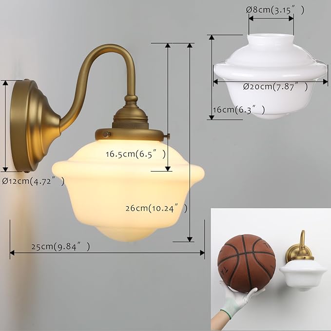 Pathson Vintage Wall Sconce with Milk White Glass, Hardwired Swan-Neck Wall Vanity Light Bathroom Sconce Fixture for Living Room, Foyer, Loft, Bedroom, Farmhouse Lamp
