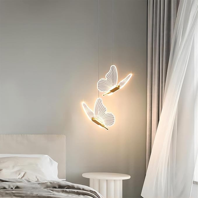 2 Lights Butterfly Gold Pendant Light, 13.8 Inch LED Acrylic Hanging Lamp for Bedroom, Living Room, Kitchen Island (Gold, Butterfly)