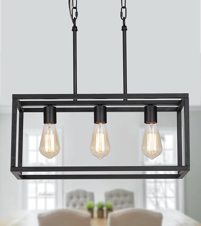 AMZASA 3-Light Black Linear Chandelier Modern Rectangle Farmhouse Dining Room Light Fixture for Kitchen Island Bar UL Listed