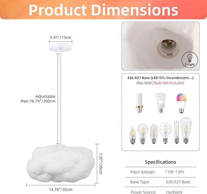 Arturesthome 1-Light Cloud Pendant Lighting,Modern Fluffy Cotton Chandelier Ceiling Light Fixture for Children Girls Kids Living Room White-13.75in