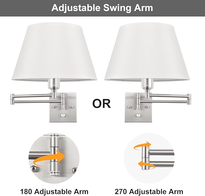 TRLIFE Dimmable Wall Sconce with Remote Control, Adjustable Color Temperature 2700K-6500K and Dimming 10-100% Swing Arm Wall Lights with Plug in Cord, 11.8" Large White Fabric Shade(2 Pack, 2 Bulbs)
