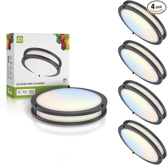 ASD LED 14" Round Flush Mount Lighting, Close to Ceiling Light Fixture | 3CCT, Dimmable, Energy Star, ETL Listed | 21W 1675LM 3000-5000K 120V | Low Profile Double Ring Lamp | Black, 4 Pack