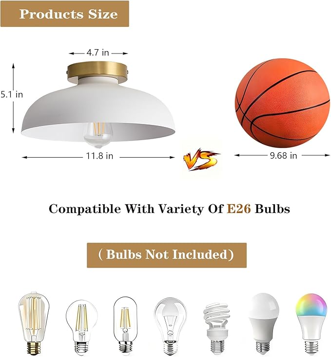 2 Pack Modern Semi Flush Mount Ceiling Light,Industrial White and Gold Ceiling Fixtures,E26 Ceramic Lamp Head Light Fixture for Kitchen Entryway Hallway Laundry Room Bedroom Foyer 11.8 Inch